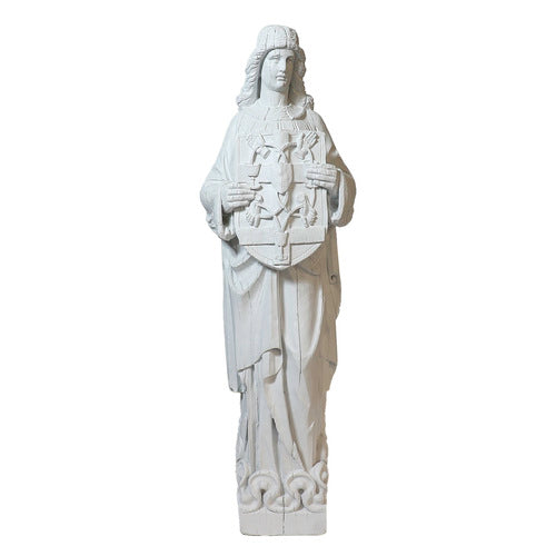 Medieval European statue of a robed figure holding an ornate shield, featuring classical and Gothic detailing.