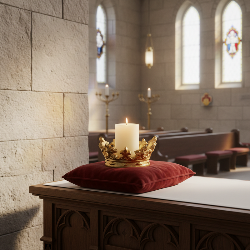 Candle set in an ornate, old world European crown-shaped holder with classical fleur-de-lis and Baroque detailing. Side Angle