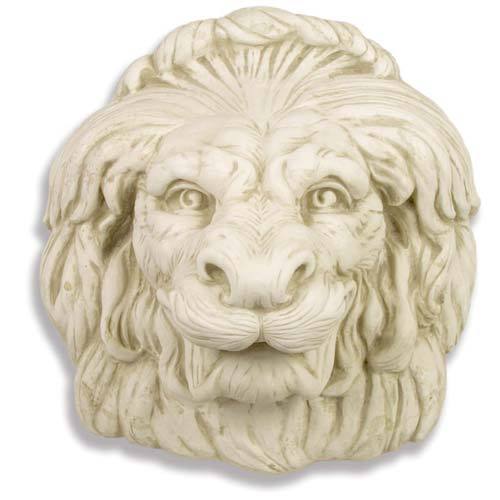 Lion head wall sculpture with expressive eyes and flowing mane, featuring ornate, classical old world European and Renaissance detailing