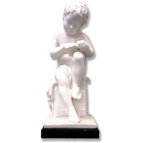 Cherub statue in classical Renaissance style, seated and reading, with ornate detailing and old world European influence.