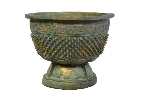 Ornate old world European planter with classical relief patterns, raised diamond texture, and decorative pedestal base.