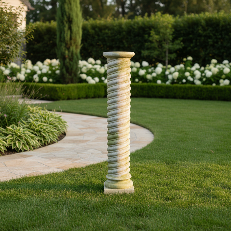 Baroque-style twisted column with ornate spiral detailing and classical old world European architectural design. Side Angle