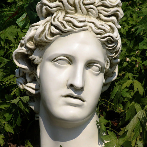 Classical Greek-style bust with ornate, wavy hair and serene expression, inspired by Renaissance and old world European sculpture. Different Angle