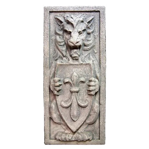 Lion relief sculpture in old world European style, holding a fleur-de-lis shield with ornate medieval and Gothic detailing. Side View