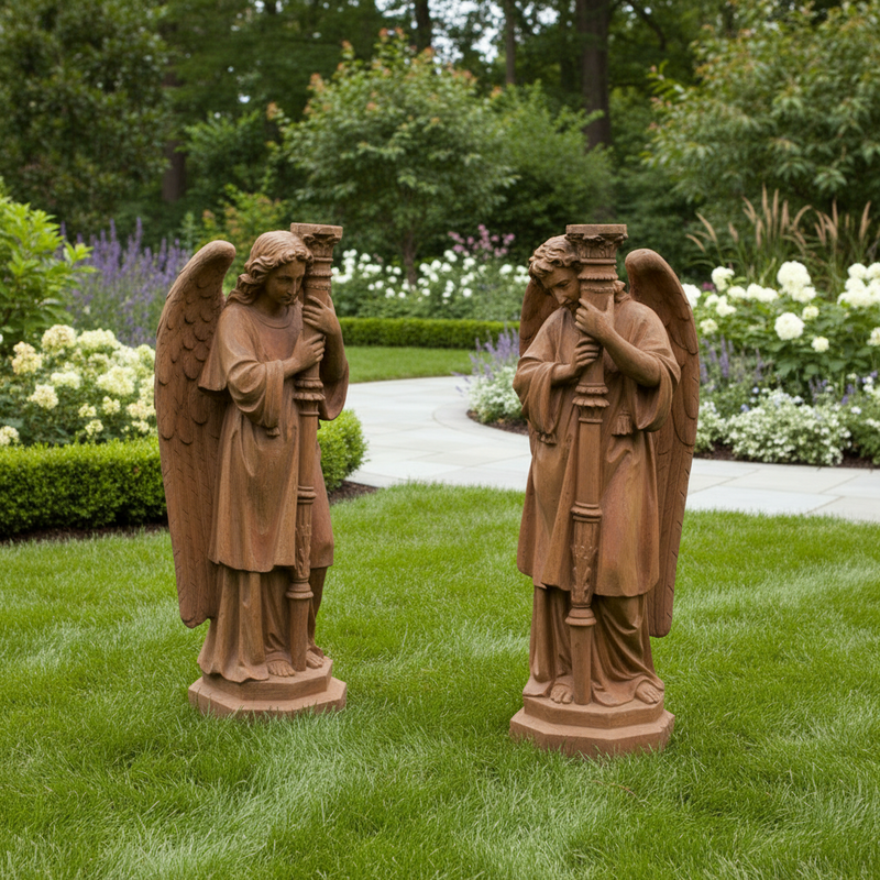 Set of Large Winged Guardian Angels with Candleholder Outdoor Statue (27-Inch)