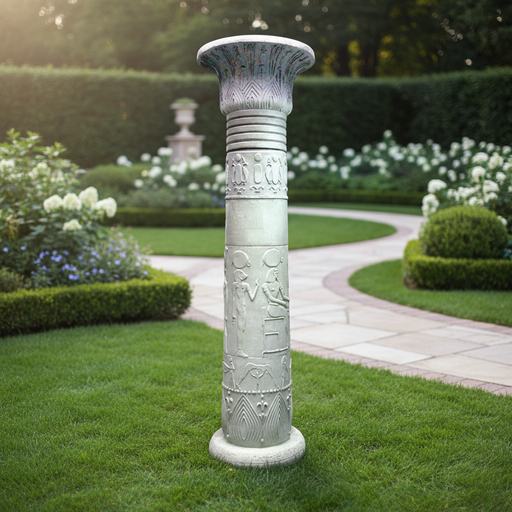 Ornate classical column with carved Egyptian motifs, fluted shaft, and lotus capital in an old world architectural style. Side Angle