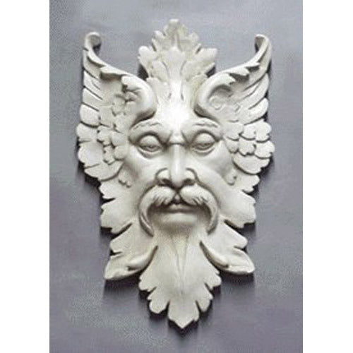 Green man wall plaque with ornate, old world European and classical detailing, featuring a bearded face with leaf and scroll motifs.
