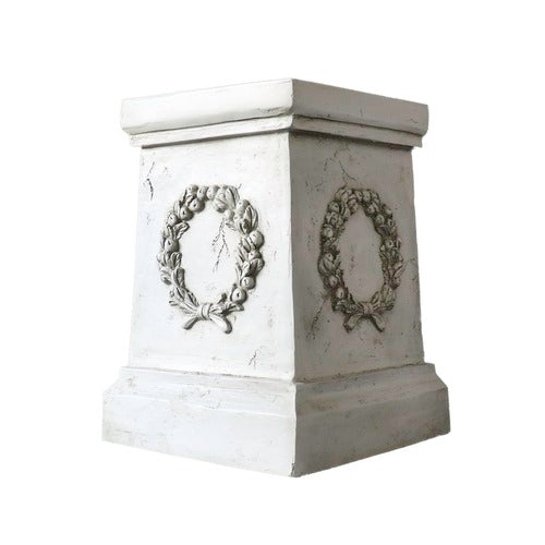 Square pedestal with ornate classical wreath relief, featuring old world European and Baroque-inspired architectural detailing. Additional Angle