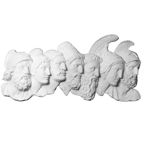 Greek classical relief sculpture featuring seven ornate male profiles with detailed helmets and beards in an old world European style.