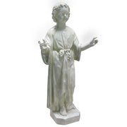 Child saint statue in classical Renaissance style with flowing robes, curly hair, and outstretched arms on a hexagonal base. Side View