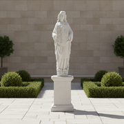 Classical old world European statue of a robed figure holding an ornate candelabrum, featuring intricate Baroque detailing. Side Angle