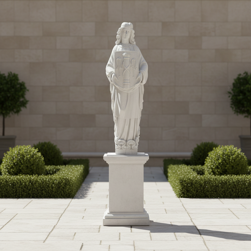 Classical old world European statue of a robed figure holding an ornate candelabrum, featuring intricate Baroque detailing. Side Angle