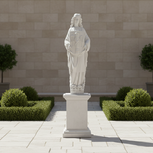 Classical old world European statue of a robed figure holding an ornate candelabrum, featuring intricate Baroque detailing. Side Angle