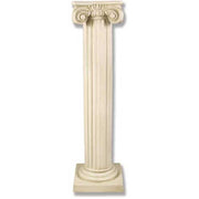 Classical Greek column pedestal with fluted shaft, ornate Ionic scroll capital, and square base in old world European style.