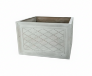 Square planter with classical old world European lattice panel design and ornate carved border detailing on all sides.