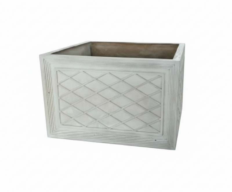 Square planter with classical old world European lattice panel design and ornate carved border detailing on all sides.
