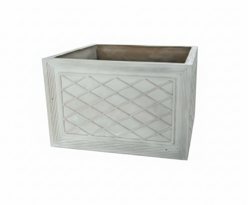Square planter with classical old world European lattice panel design and ornate carved border detailing on all sides.