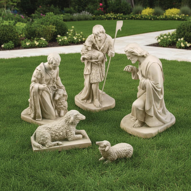 Nativity scene figurines in classical European style with shepherds, sheep, and a kneeling figure in ornate, detailed robes. Side Angle