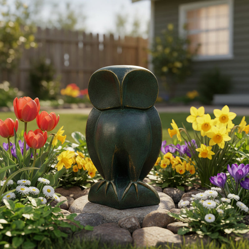 Owl sculpture with simplified, classical lines and subtle old world European influence, featuring stylized, rounded features. Side Angle