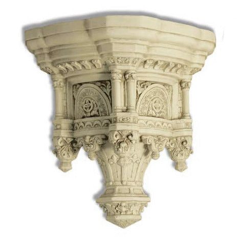 Ornate wall corbel with classical Gothic arches, intricate Baroque scrollwork, and detailed Renaissance-inspired carvings.