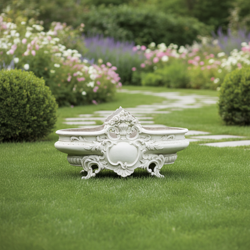 Ornate Baroque planter with intricate scrollwork, floral motifs, and classical old world European detailing on curved legs. Side Angle