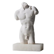 Classical Greek male torso sculpture with missing head and limbs, featuring detailed musculature and ornate carved base.