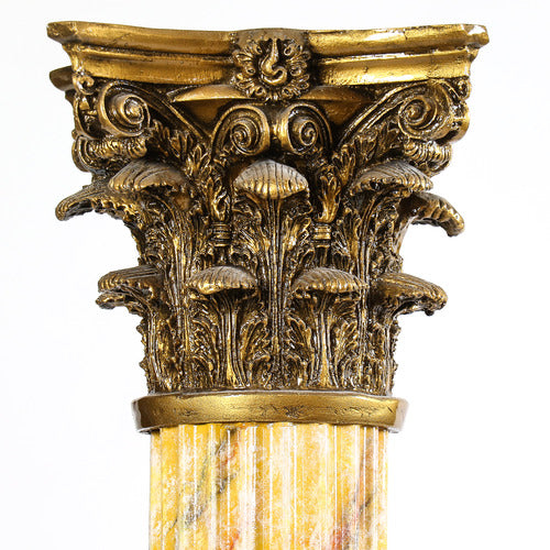 Corinthian column pedestal with ornate acanthus leaf capital, fluted shaft, and classical old world European architectural style. Different Angle