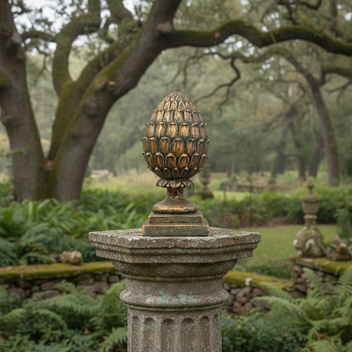 Ornate old world European finial with classical acanthus leaf detailing and a Baroque-inspired pedestal base. Side Angle