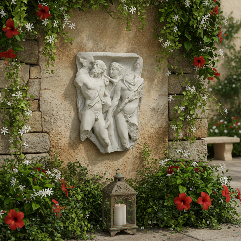 Classical Greek relief sculpture featuring three nude male figures in dynamic poses with detailed, ornate facial expressions. Side Angle