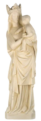 Madonna and Child statue in ornate medieval Gothic style with flowing drapery and detailed crown, evoking old world European artistry.