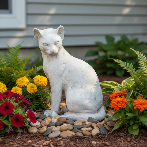 Sitting cat statue with classical old world European style, featuring smooth lines and subtle ornate detailing in a poised posture. Side Angle