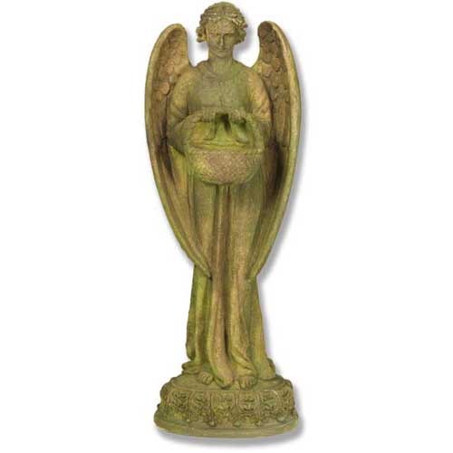 Angel statue with outstretched wings holding a bowl, featuring ornate, old world European and Gothic detailing on a decorative base.