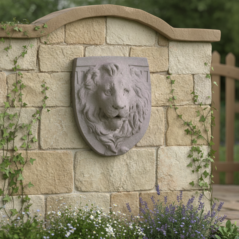 Lion head relief on a shield-shaped plaque, featuring ornate, old world European classical detailing and expressive facial features. Side Angle
