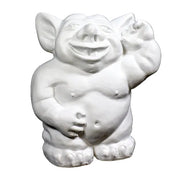 Whimsical medieval-style troll statue with exaggerated features, rounded belly, large ears, and raised hand in playful gesture. Side View