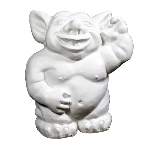 Whimsical medieval-style troll statue with exaggerated features, rounded belly, large ears, and raised hand in playful gesture. Side View