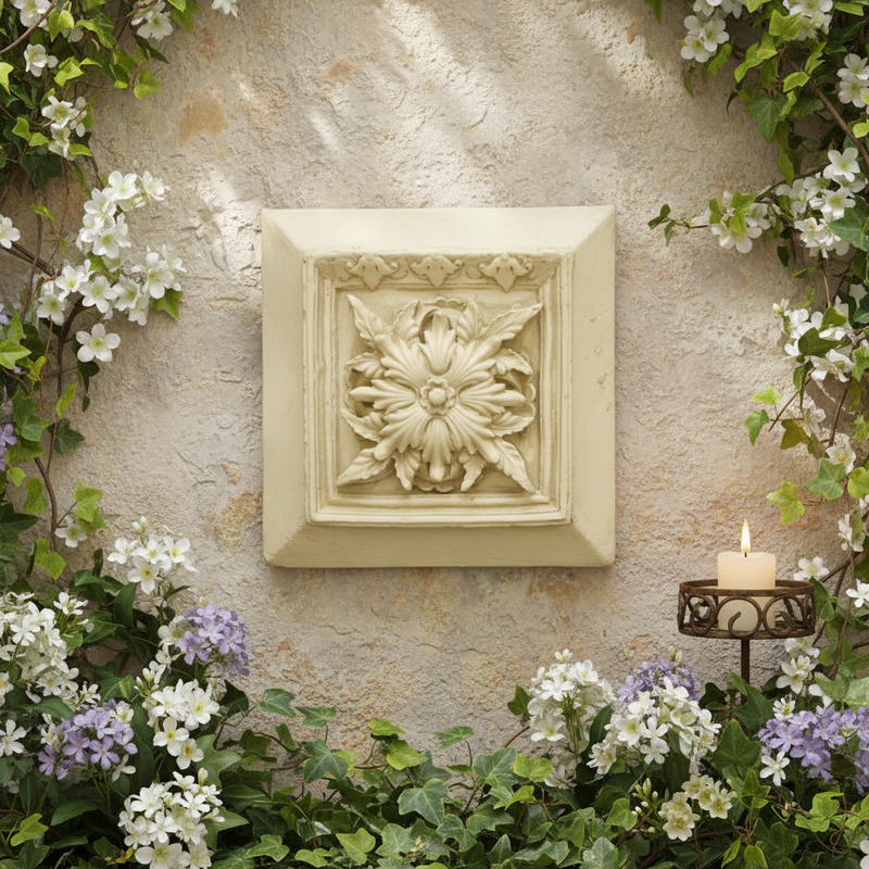 Ornate square panel featuring a classical floral motif with intricate Baroque leaf detailing and old world European accents. Side Angle