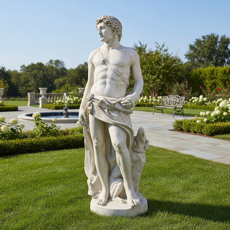 Classical Renaissance-style male statue with draped cloth, standing beside a dog, featuring detailed, lifelike sculptural elements. Side Angle