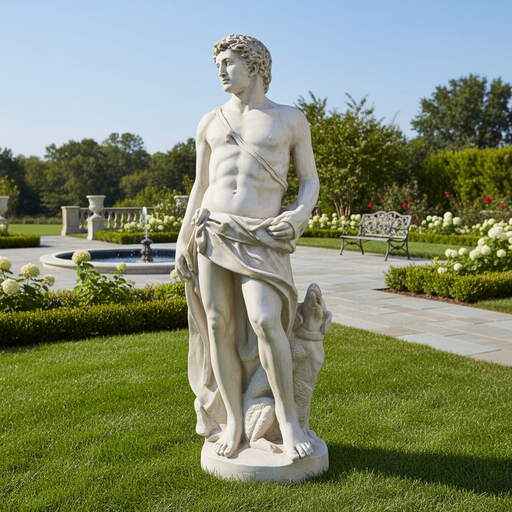Classical Renaissance-style male statue with draped cloth, standing beside a dog, featuring detailed, lifelike sculptural elements. Side Angle