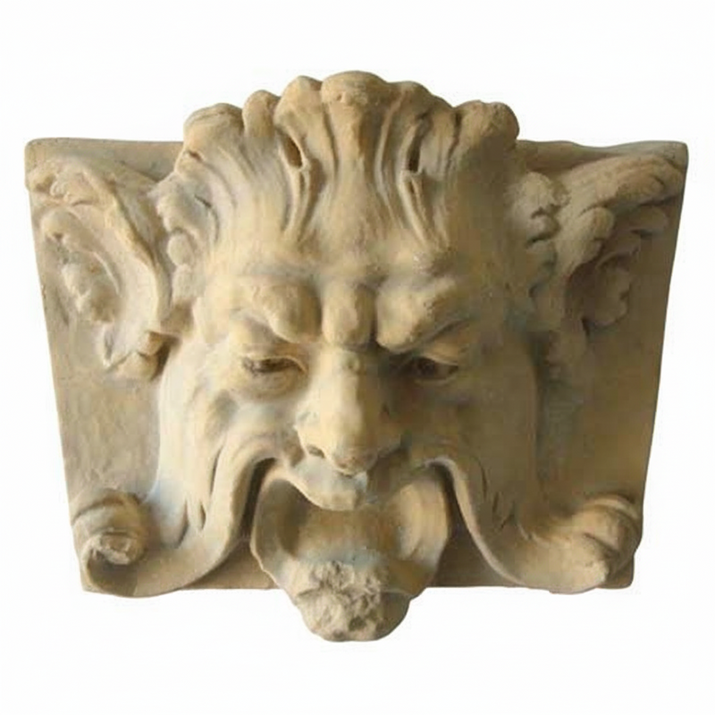 Grotesque face wall plaque with ornate Baroque detailing, classical old world European style, featuring curled mustache and pointed ears.