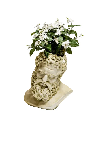 Classical Greek-style bust planter with ornate curly hair and beard, featuring white flowers and green foliage emerging from the top Side View