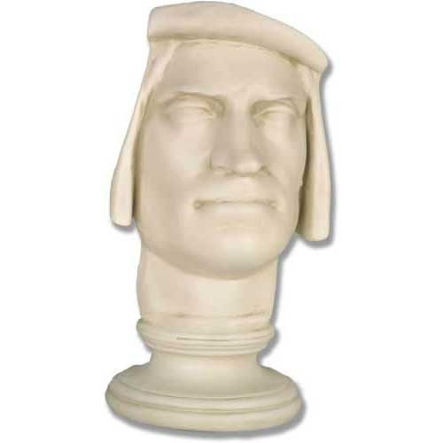Classical Renaissance-style bust of a man with a solemn expression, wearing a cap, displayed on a round pedestal base.