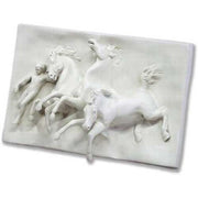 Classical bas-relief featuring a youth and two galloping horses in dynamic, ornate old world European style. Side View
