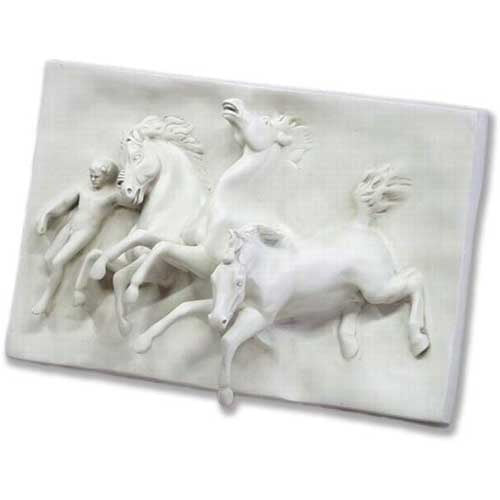 Classical bas-relief featuring a youth and two galloping horses in dynamic, ornate old world European style. Side View