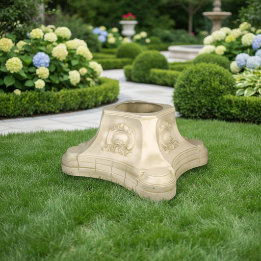 Ornate pedestal base with classical old world European detailing and Baroque scrollwork, featuring symmetrical decorative motifs. Side Angle