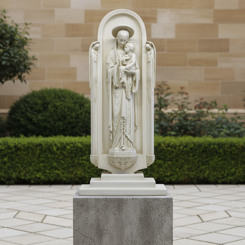 Madonna and Child statue in an ornate, old world European niche with classical and Gothic architectural detailing. Side Angle