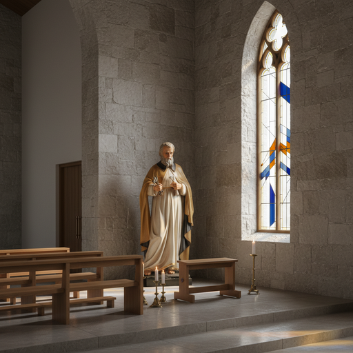 Saintly figure in classical old world European style, holding keys and draped in ornate, flowing Renaissance-inspired robes. Side Angle