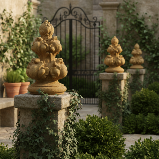 Ornate old world European finial with classical Baroque detailing and sculpted acanthus leaf motifs on a rounded base. Side Angle