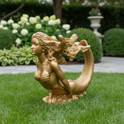 Mermaid sculpture with flowing hair and ornate tail, featuring classical and old world European design elements. Side Angle