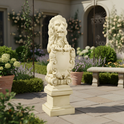 Lion statue with ornate shield, classical pedestal base, and old world European Baroque detailing, evoking a regal, medieval theme. Side Angle