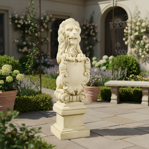 Lion statue with ornate shield, classical pedestal base, and old world European Baroque detailing, evoking a regal, medieval theme. Side Angle